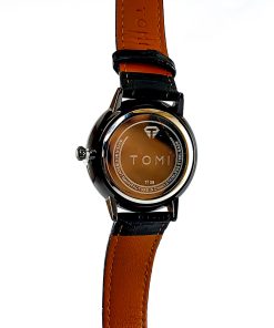 A sleek Black Dial Tomi Watch with a Black Leather Strap for Men.