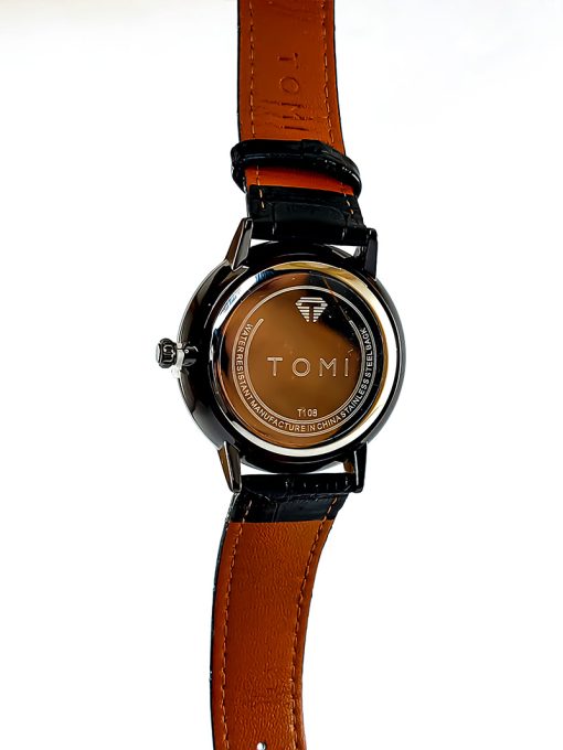 A sleek Black Dial Tomi Watch with a Black Leather Strap for Men.