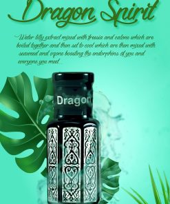 A striking bottle of Dragon Spirit Attar-Perfume, a fragrance that embodies power and mystique.
