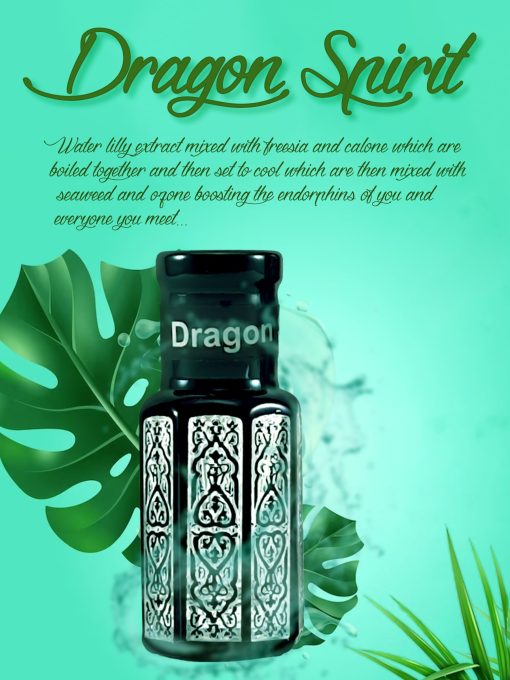 A striking bottle of Dragon Spirit Attar-Perfume, a fragrance that embodies power and mystique.