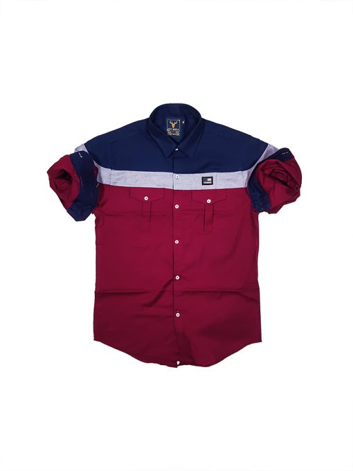A close-up view of a Men's Slim Fit Casual Shirt in Maroon & Blue Design