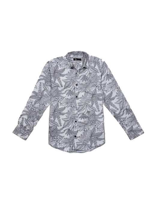 "Slim Fit White Men's Casual Shirt with Grey Print