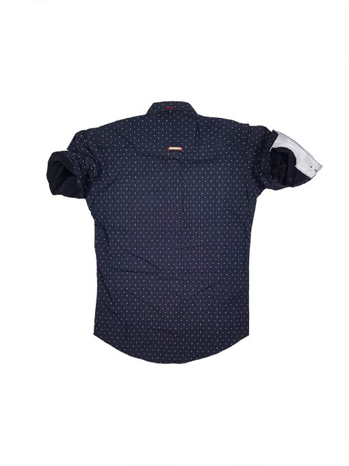 A close-up view of a Men's Slim Fit Casual Shirt in Black Triangle Self Print