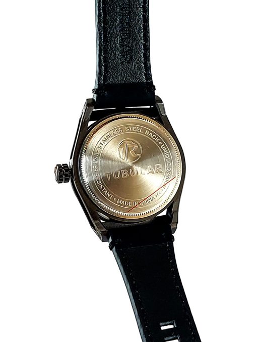 "Close-up view of the Tubular Unique Black Dial Black Strap Date Watch featuring a sleek black dial and matching black strap."