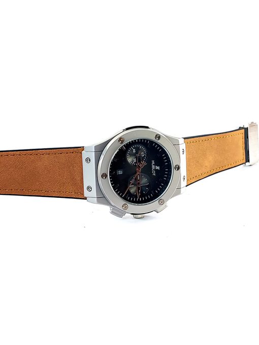 A distinguished Hublot Classic Fusion Black Grey Dial Blue Brown Strap watch.
