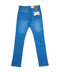 A pair of Men's Slim Fit Mid Blue-Sky Faded Jeans, the perfect blend of style and vintage charm.
