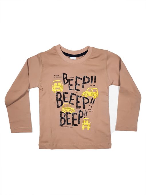 Kids Brown Tee Shirt with Beep Car Print