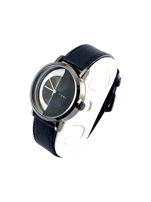"Close-up view of the Tomi Half Dial Transparent Leather Strap Casual Fashion watch with a transparent dial and leather strap."
